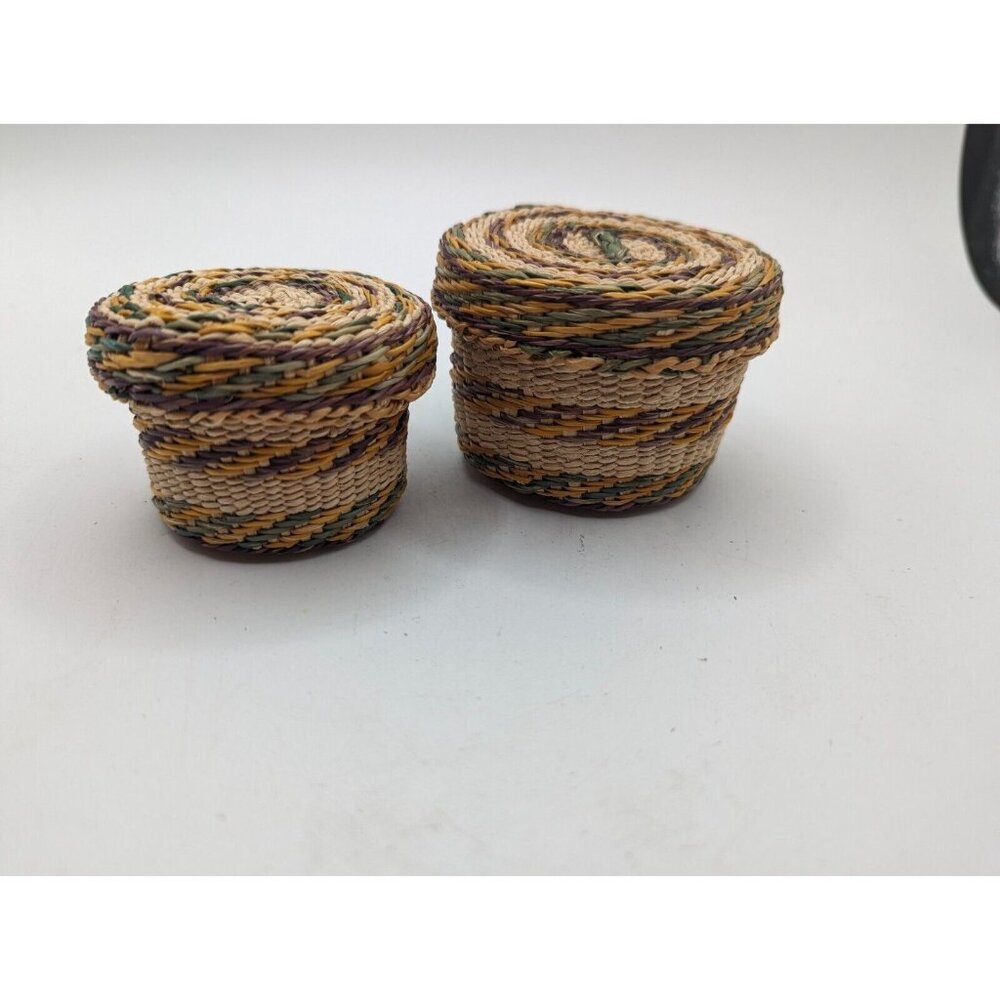 Hand Woven Basket w Lid - Wicker Ethnic Grass Straw Boho Tiny - Green Yellow - Picture 8 of 12